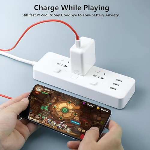 Image of One Plus 65W Type C Supervooc Charger with Red Cable Compatible with One Plus 12R /12 /11R /11 /10 Pro /10 /10t /10R /9rt /9 Pro|Ce 4 /Ce 3 /Ce 2 / Ce 4 Lite /Ce3 lite /Nord 3 /2 /2T /, 65 w Charging Adaptor, White