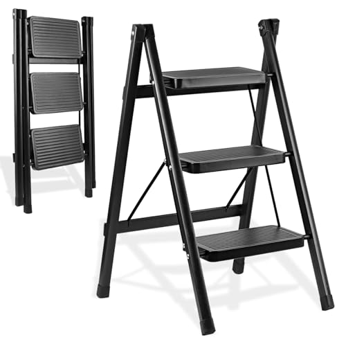 Image of 3-Step Ladder, Folding Step Stool for Kitchen /Closet /Garage, Sturdy & Lightweight Aluminum Handy Ladder, 200 lbs Capacity, Anti-Slip Pedals, Compact & Portable for Home DIY & Everyday Tasks