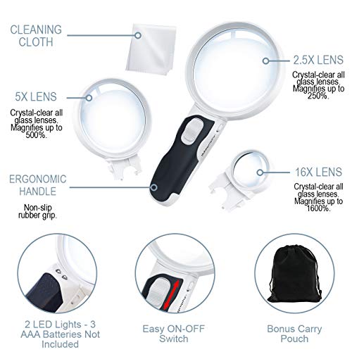 LED Illuminated Magnifying Glass Set. Best Magnifier With Lights for Seniors, Macular Degeneration, Maps, Jewelry, Coins, Watch & Computer Repair, Hobbies, Stamps (3-Lens (2.5X + 5X + 16X))