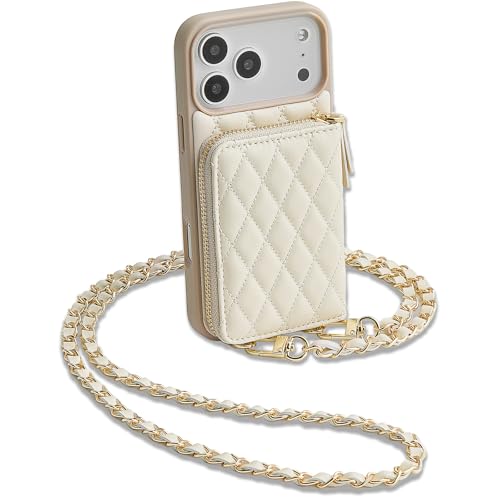 LAMEEKU for iPhone 17 Pro Max Case Wallet with Wrist Strap RFID Blocking Crossbody Phone Cover for Women 6.9 Beige