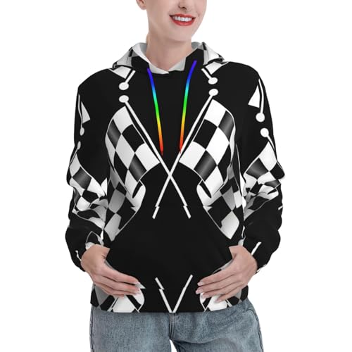 Sweat à capuche femme EdWal veste sportswear imprimé drapeau carreaux noir blanc