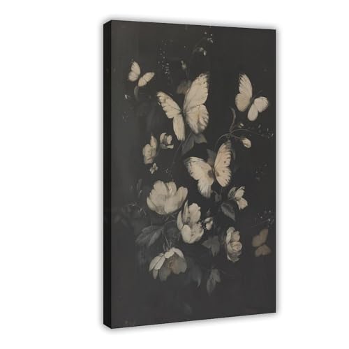 Poster papillons et fleurs blancs toile 40x60 cm pour chambre