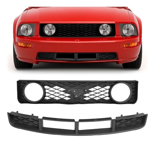 HECASA Front Upper Grille & Lower Grille Compatible with 2005-2009 Ford Mustang GT 6R3Z8200BA 7R3Z17K945BA FO1200422 FO1036114 Bumper Grill With Round Headlight Holes 2pcs Black