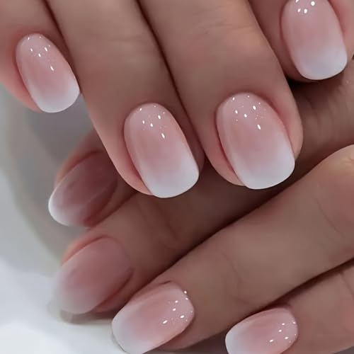 24 Piezas Uñas Postizas Cortas, Cuadradas Adhesivas Uñas Press on Nails, Cobertura Completa Uñas Falsas Artificiales con Pegamento Gelatina para Mujer y Niñas(Rosa Claro Degradado)