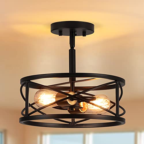 mavcadonf 2-Light Semi Flush Mount Ceiling Light, 14-inch Industrial Modern Farmhouse Lighting Fixture with Metal Cage, Black Retro Ceiling Lamp for Flat Roof Kitchen Hallway Bedroom Living Room by mavcadonf - Used condition - CA$57.16