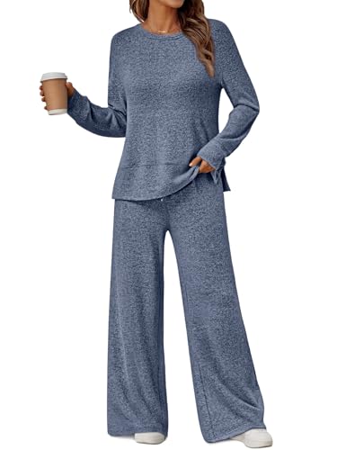 LILLUSORY 2 Piece Lounge Sets Matching Fall Outfits Pajamas Casual Travel 2025 Sweatsuits Soft Airport Wide Leg Clothes Long Sleeve Fashion Vacation Tracksuits Blue L