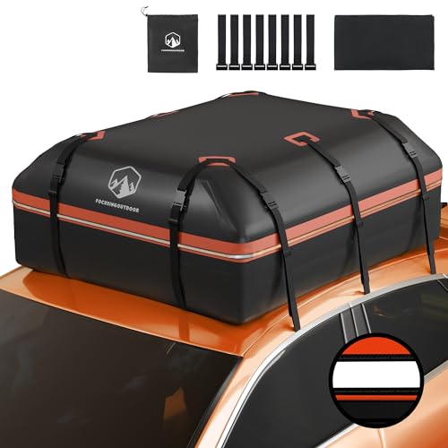 1000D Rooftop Cargo Carrier, PVC Waterproof Roof Cargo Bag with Anti-Slip Mat 8 Door Hooks Storage Bag, 21 Cubic Feet Car Roof Bag for All Vehicle with or Without Rack Orange
