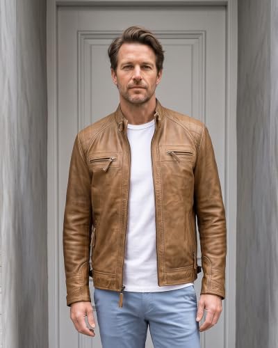 Image of fjackets Mens Leather Jacket Moto Style Real Lambskin Leather Jacket, Quilted Cafe Racer Classic Zip Up Biker Jacket for Men