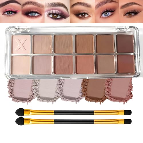 12 Colour Matte & Shimmer Eyeshadow Palette with Dual-Ended Brushes - 12 Shades Nudes Pinks Greys Browns Earth Tones for Natural Smoky Eye Looks, Daily Makeup Work Party Evening Wear