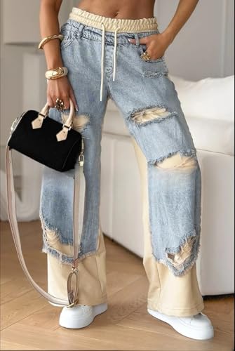 Women’s Vintage Distressed Baggy Denim Pants Contrast High Waist Patchwork Ripped Jeans Elastic Wide Leg Trousers Street2