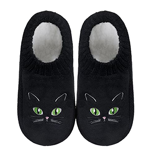 Slipper Socks for Women-Winter Cozy Soft Non-Slip Fleece-Lined Knit Black Bedroom Socks-Cat Gifts for Lady