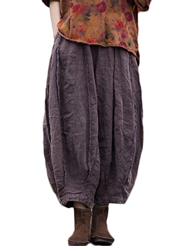 NFYM Women Wide Leg Elastic Waist Cotton Linen Distressed Patchwork Pumpkin Style Wide Leg 3/4 Length Cropped Pants