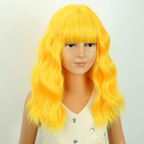 Image of Deep Yellow Wig short Yellow Wavy Curly Wigs Wig with Air Bangs Synthetic Cosplay Hair Wigs