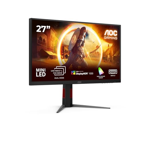 AOC Gaming U27G4XM - 27 Zoll UHD 4K Monitor, 1ms, 160 Hz bei UHD oder 320 Hz bei FHD, G-Sync comp., HDR1000 (DualFrame 3840x2160@60Hz, 1920x1080@320Hz, HDMI 2X 2.1, DP 1x1.4, USB Hub) schwarz-rot