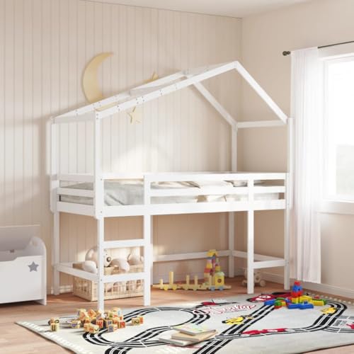 Genérico Cama Alta Escalera y Techo Madera Maciza Pino Blanca 80x200 cm,Mobiliario,Camas y Accesorios,Camas y somieres,34.5 KG,3282073