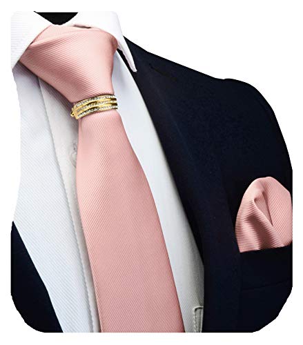 GUSLESON Brand Men's Rose Gold Tie Wedding Solid Ties for Men Fashion Necktie and Pocket Square Collar Clasp Gold Brooch Sets (0799-23-G)