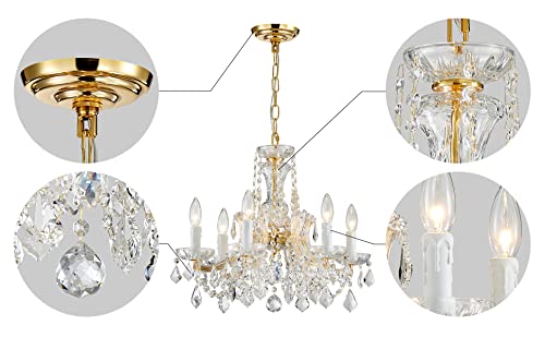 Agv Lighting Modern Chandelier Light Fixture, Crystal Pendant Raindrop Chandelier, Maria Theresa Brass Crystals Chandelier With 6-Lights, D20 X H18, Adjustable Chain Max 39" #TOP2