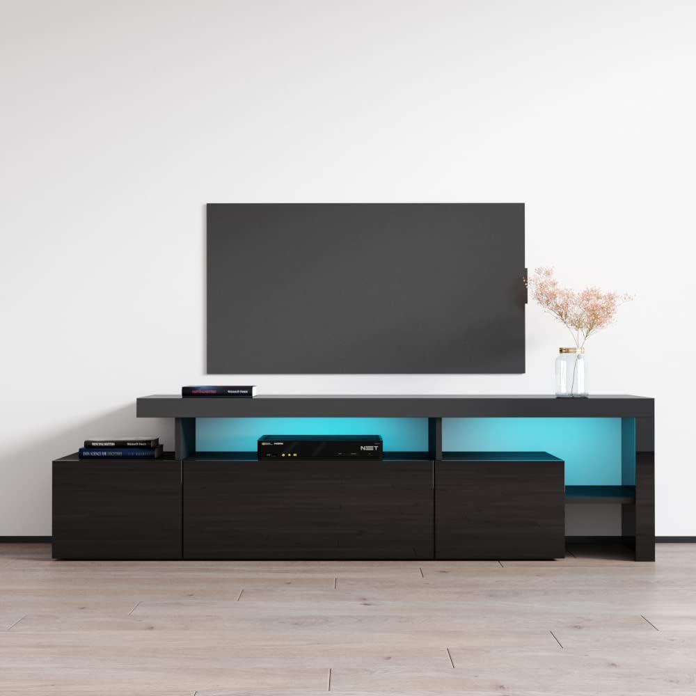 Meble Furniture Indisio Modern High-Gloss TV Stand — LED Lighting — Engineered Wood, 59.1 x 15.7 x 20.1 inches — Black