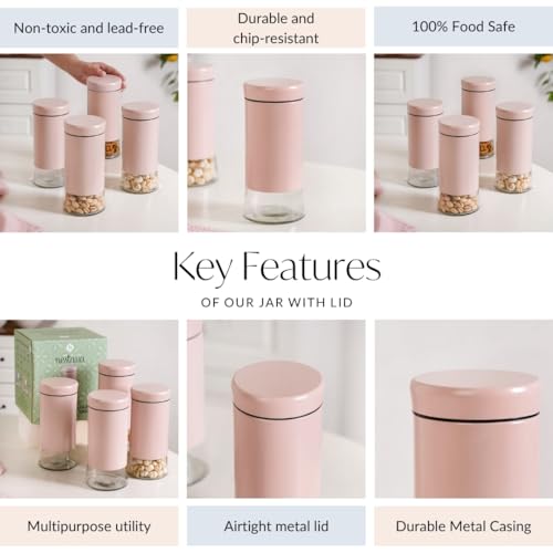 Image of Nestasia Metal Jacketed Glass Jars Set of 4 (1000 ml) | Airtight See - Through Glass Containers with Lids for Kitchen Storage - Ideal for Storing Snacks, Dry Fruits, Pickles or Pulses (Pastel Pink)