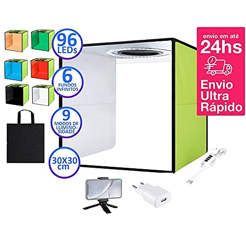 Mini Estúdio Fotográfico com 96 Leds 30x30x30cm Interior Reflexivo - com tomada e mini tripé