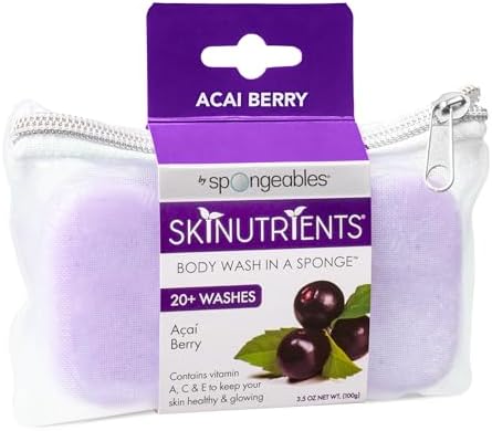 Spongeables Skinutrients Body Wash in a Sponge, Acai Berry, With Bonus Travel Bag, 20+ Washes, 3.5 oz Sponge