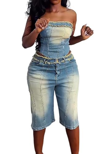 Women Fashion 2 Piece Denim Sets Sexy Tube Crop Tops and High Waisted Short Jeans Fascinating Jean Outfits Streetwear