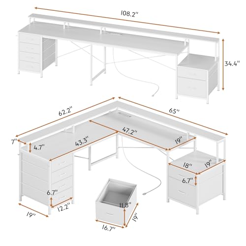 SEDETA 108 L-Shaped Desk with 6 Drawers, Power Outlet & Monitor Shelf - Ideal for Home Office, Gaming, or Shared Workspaces, White