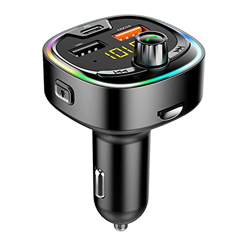 Bluetooth FM Transmitter for Car, Wireless Radio Car Adapter Receiver with QC 3.0 + PD 3.0 USB C Fast Charger, 6-Color Backlit, Support TF USB