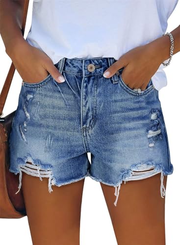 Image of onlypuff Womens Jean Short Cut Off Denim Shorts High Waist Ripped Distressed Stretchy