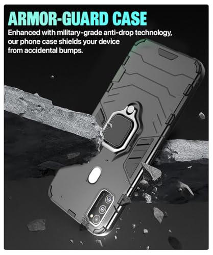 Image of WOW IMAGINE Shock Proof Back Case Mobile Cover for Samsung Galaxy M21 | M30s | M21 2021 Edition (Armor | Hybrid PC + TPU | Full Protection with Ring Holder Kickstand | Carbon Black)