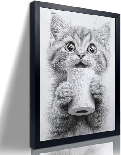 Bathroom Picture Wall Decor, Framed Black and White Bathroom Wall Art, Toilet Paper in Little Funny cat Hand Animal Canvas Print Painting
