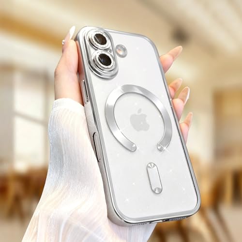 Image of Misscase for iPhone 17 Case with Privacy Screen Protector, Built-in Lens Protector, Compatible with MagSafe, Anti-Yellowing Shockproof TPU, Bling Glitter Electroplated Cover 6.3 inch Silver