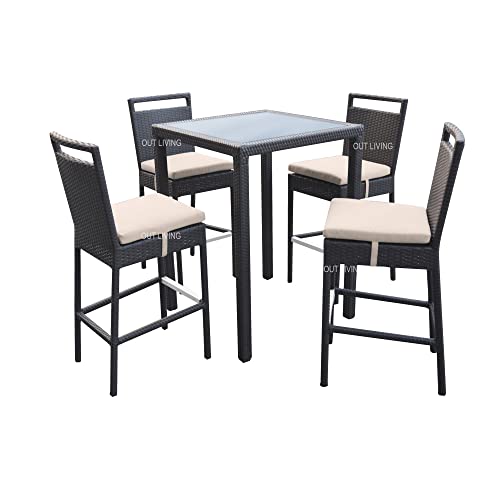 Image of OUTLIVING Rattan Wicker Outdoor Bar Patio Table with 4 Chairs Set for Home Graden Balcony 4 Seater Bar Patio Furniture - (Brown & Cream Cushion)