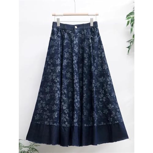 Deep Blue Vintage Long Maxi Women Elastic High Waist Autumn Tassels Printed Denim Skirt with Pockets2
