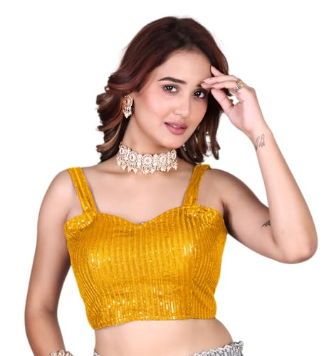 Blouse de sari femme jaune georgette avec broderie et col en cœur