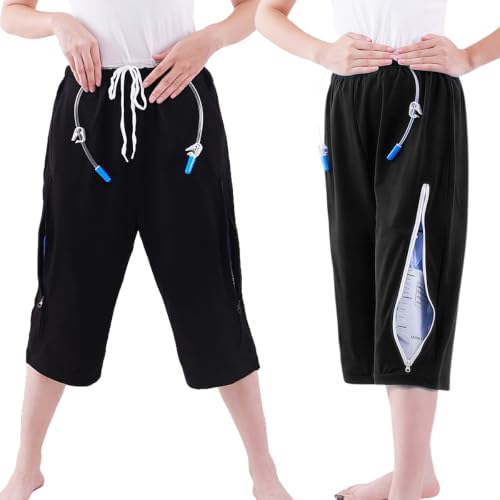 Image of Unisex Incontinence Care Trousers,Urinary Drainage Trouser,Catheter Pant,Fistula Pants,Ostomy Drainage Bag Care Scanties,Double Zippered Pockets Holding 2000ml Catheter Bags Black