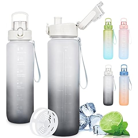 AOHAN Trinkflasche 1l, Wasserflasche Auslaufsicher, Trinkflasche Sport Kohlensäure Geeignet, BPA Frei Sportflasche mit Filter und Zeitmarkierung Cover