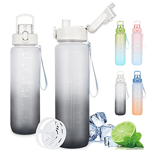 Botella Agua Deporte，Motivacional Botella 1 Litro con Marcador de Tiempo et Filtres，Botella Gimnasio Sin BPA, Prueba de...