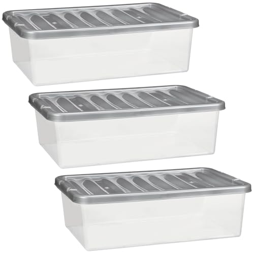 Pack of 3 x 32 Litre Plastic Storage Boxes with Lids - Clear Under Bed Storage Containers with Clip On Grey Lids - Stackable Space Saving Organiser Boxes for Clothes Bedding & Home Storage