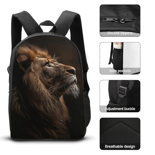 3 Piece Backpack for Women Men Lightweight Causal Daypack Shoulder Bag Set with Insulated Lunch Bag And Pencil Case Organizers The Lion Raises Its Head3