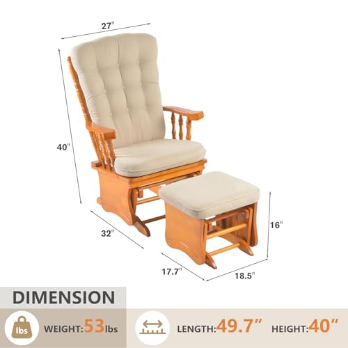 Image of Solid Wood Anti-Pinching Rocking Glider Chair with Ottoman Cushion Set, Nursery Rocking Chair for Living Room Bedroom Reading Room, Honey