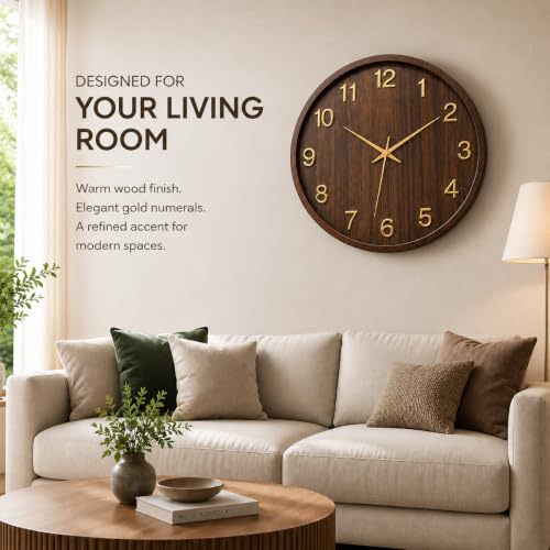 Image of STAR WORK 14 inch Inch Silent Wall Clock - Wood Finish Analog Clock with Gold Numerals, Non-Ticking Quartz Movement, Modern Decorative Wall Clock for Living Room, Bedroom & Office. (Brown 14-inch (35cm)
