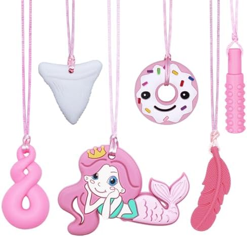 Chew Necklaces for Sensory Kids, Silicone Chewy Necklace for Girls 6 Pack, Fidget Toys for Kids and Adults with ADHD Autism Anxiety Mouth Fidgets Reduce Chewing Fidgeting