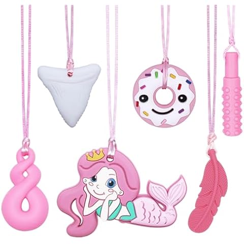 Chew Necklaces for Sensory Kids Adults, 6 Pack Silicone Sensory Chew Toys for Autistic Children with ADHD/SPD/Autism/Anxiety, Pink Chewy Necklace Stim Toy for Teething Chewing Biting Fidgeting Cover