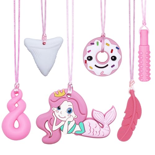 Image of Chew Necklaces for Sensory Kids Adults, 6 Pack Silicone Sensory Chew Toys for Autistic Children with ADHD/SPD/Autism/Anxiety, Pink Chewy Necklace Stim Toy for Teething Chewing Biting Fidgeting
