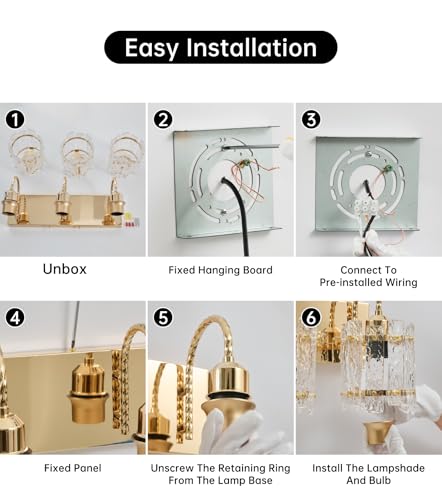 Image of Gold Vanity Lights 3 Lights with Water Ripple Glass Shade Modern Bathroom Sconce Above Mirror 20in Hallway Lamp for Bathroom Living Room Bedroom