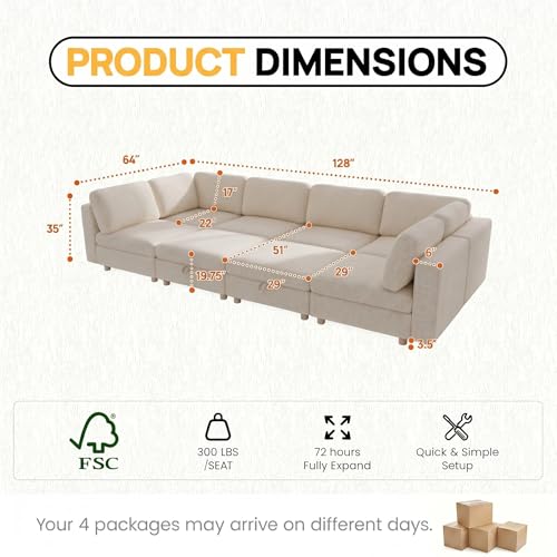 Image of 128 inch Modular Sectional Sleeper Sofa, 8 Seaters Chenille Modular Sectional Sofas, Sleeper Sofa Bed with Storage & Ottoman, Sleeper Couch with Removable Covers, Beige Sectional Couches for Living Room