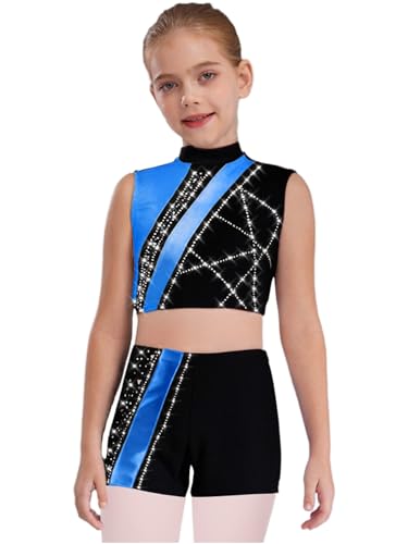 easyforever Girls 2-Piece Gymnastics Wear Shiny Metallic Crop Tank Top with Shorts for Ballet Dance Show Royal Blue 16 Years