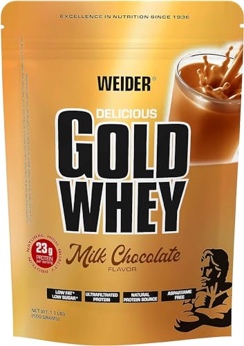 WEIDER Gold Whey Protein, Milchschokolade, Whey Protein Eiweißpulver mit hohem Proteingehalt für Muskelaufbau, Protein Pulver mit wenig Kohlenhydraten und Fett, Low Carb ideal für die Diät, 500g