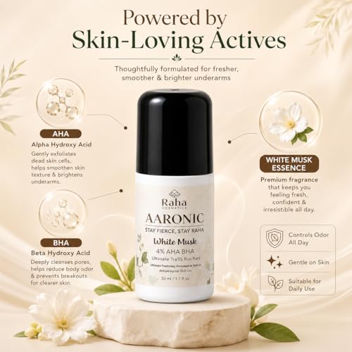 Image of AARONIC Underarm Roll On Deodorant 50ml - Long Lasting Floral Fragrance | 4% AHA BHA | Roll On for Man & Women | Underarm Roll On Men Odour Control (White Musk)